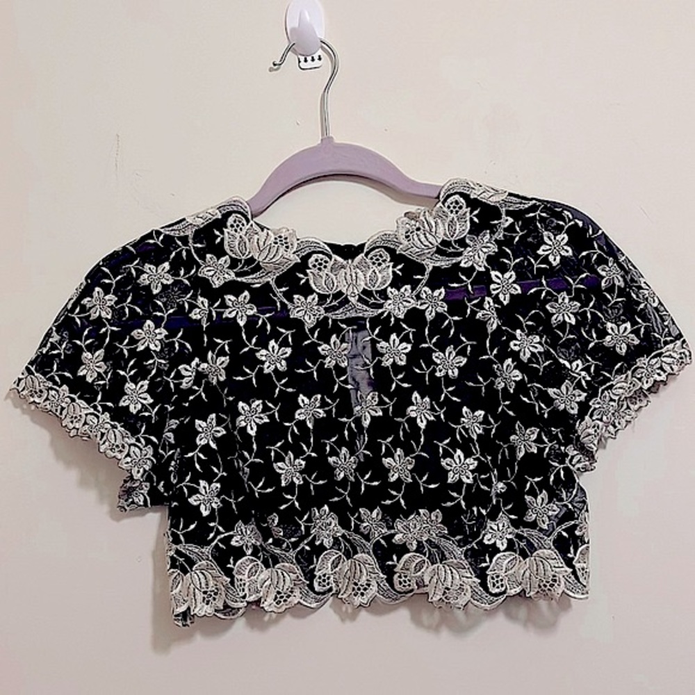 One of a Kind Unique Black & White Cropped Top Feminine, Lace, Sheer, Floral